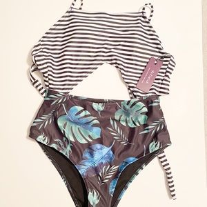 One piece striped and floral bathing suit